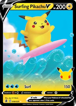 Surfing Pikachu V Pokemon card from Celebrations, card number 8