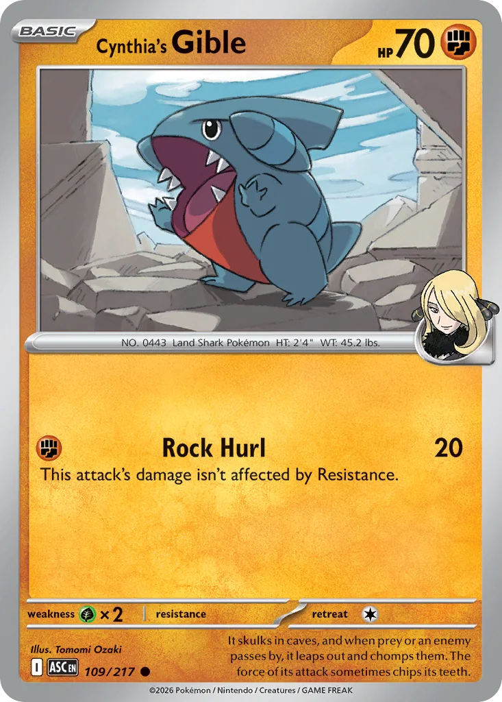 Cynthia's Gible Pokemon card from Ascended Heroes, card number 109