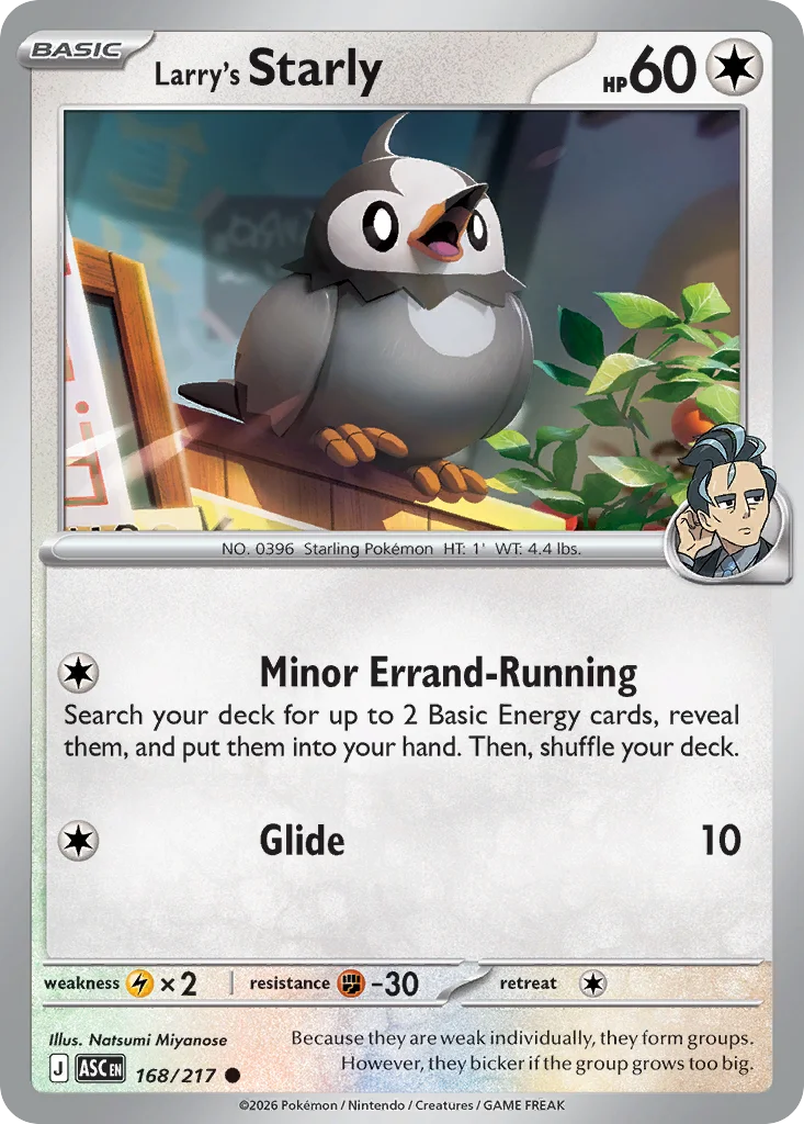 Larry's Starly Pokemon card from Ascended Heroes, card number 168