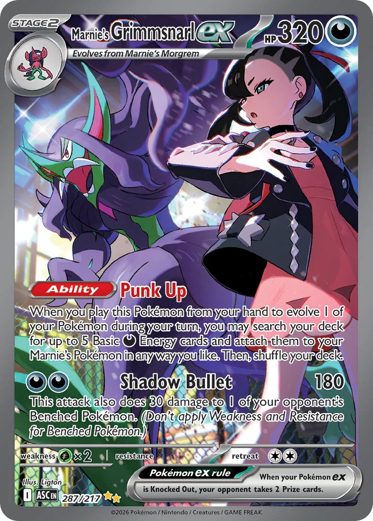 Marnie's Grimmsnarl ex Pokemon card from Ascended Heroes, card number 287