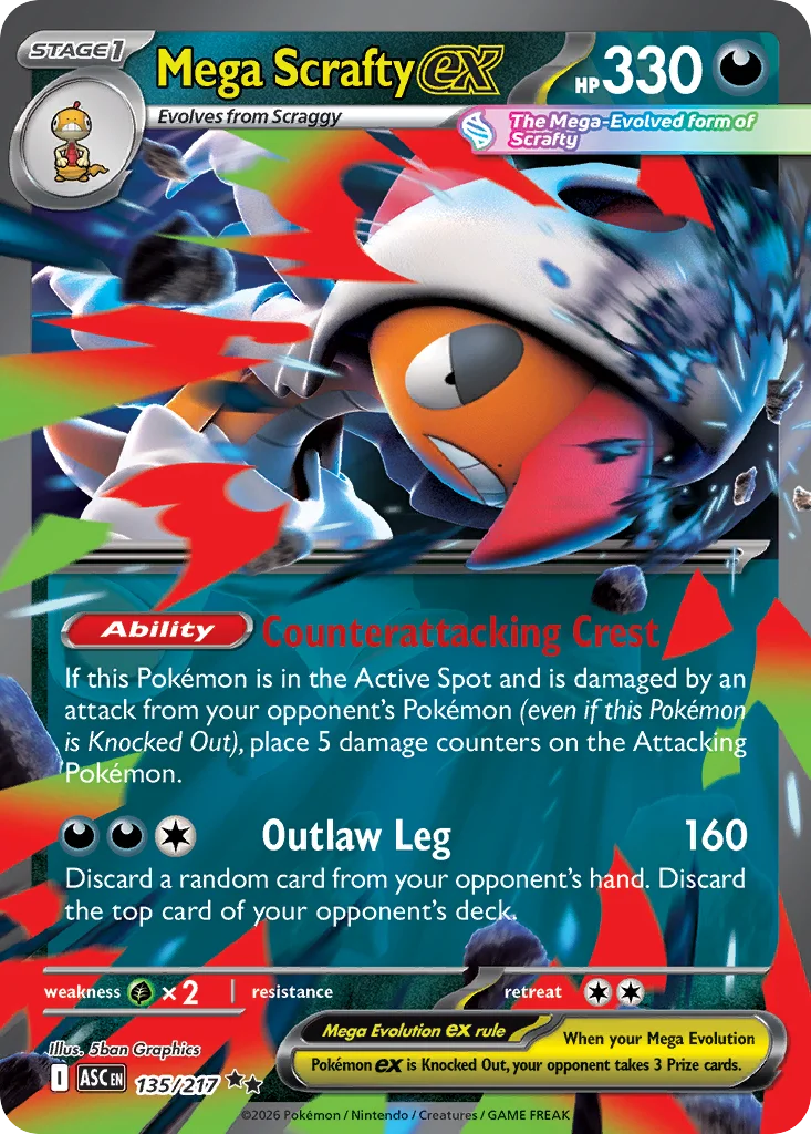 Mega Scrafty ex Pokemon card from Ascended Heroes, card number 135