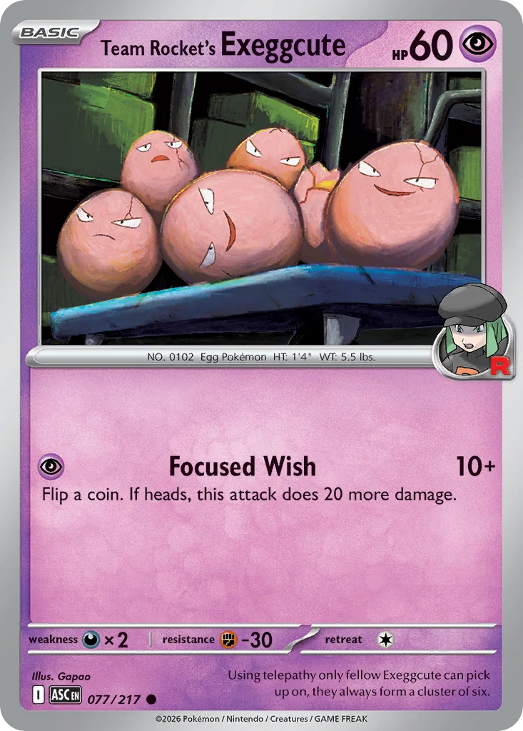 Team Rocket's Exeggcute Pokemon card from Ascended Heroes, card number 77