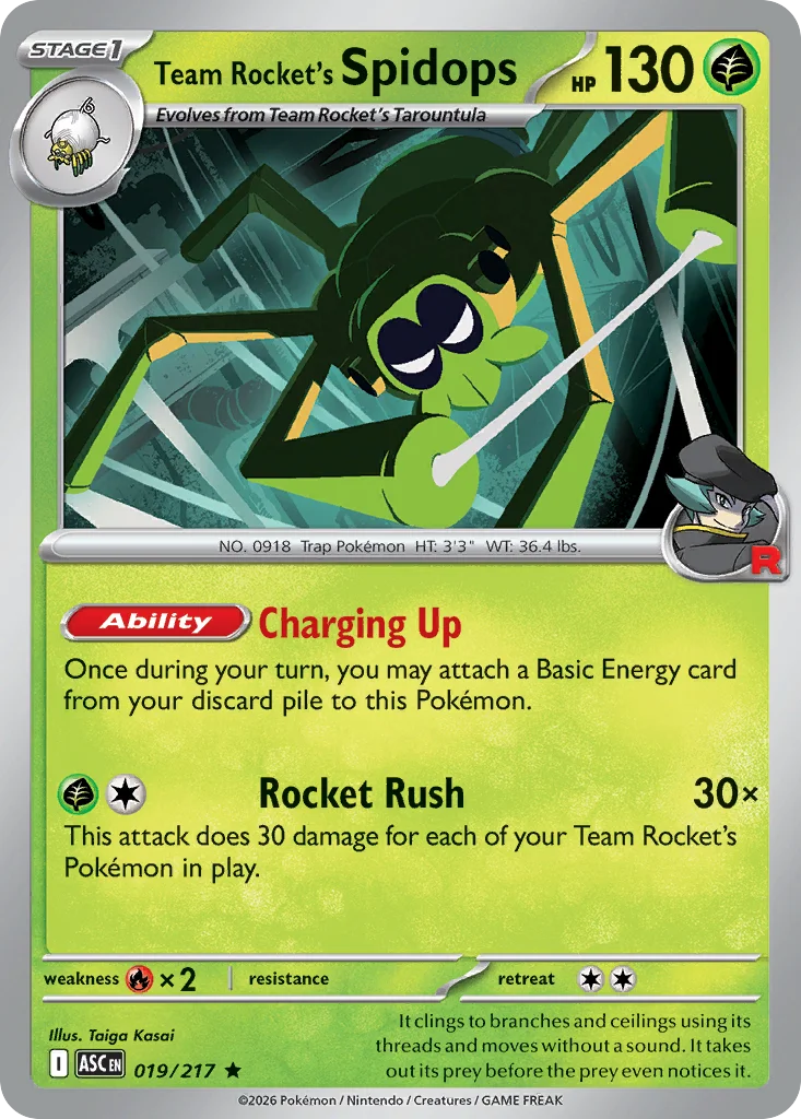 Team Rocket's Spidops Pokemon card from Ascended Heroes, card number 19