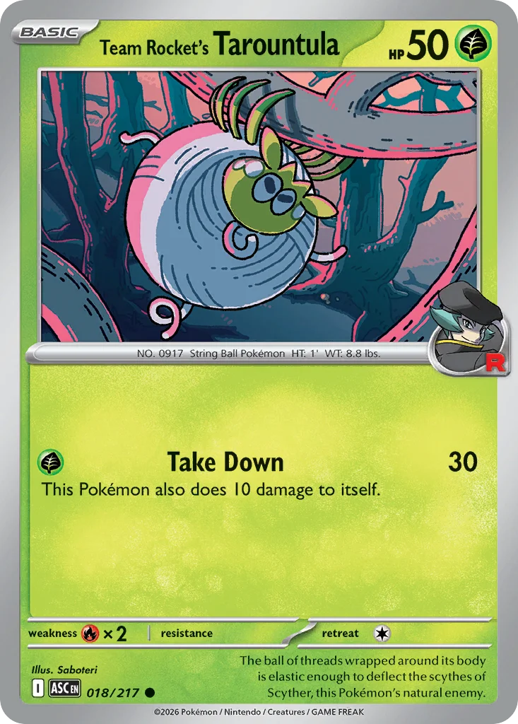 Team Rocket's Tarountula Pokemon card from Ascended Heroes, card number 18