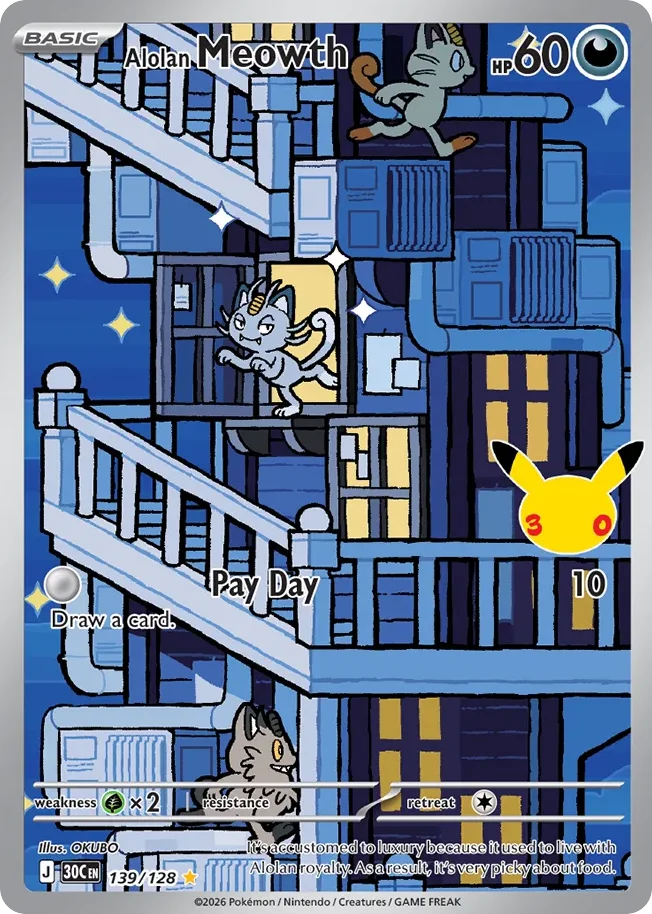 Alolan Meowth Pokemon card from 30th Celebration, card number 139