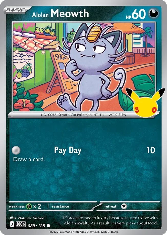 Alolan Meowth Pokemon card from 30th Celebration, card number 89