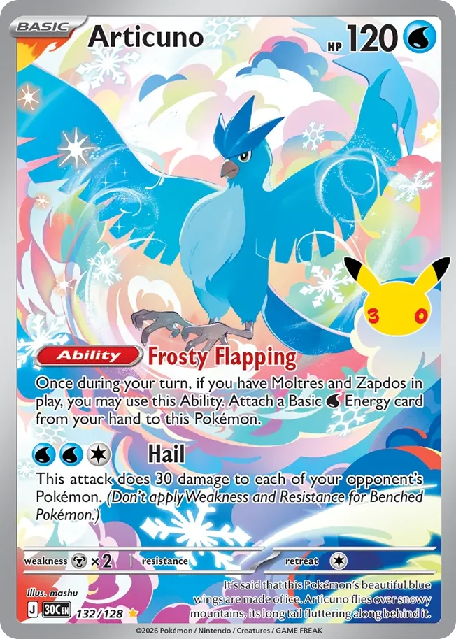 Articuno Pokemon card from 30th Celebration, card number 132