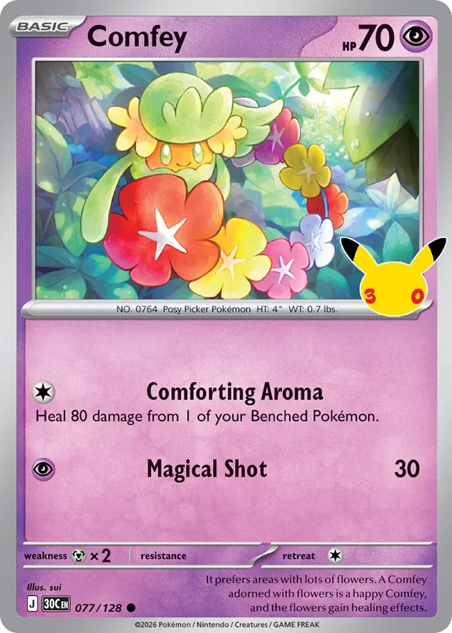 Comfey Pokemon card from 30th Celebration, card number 77