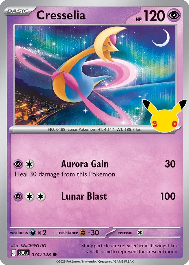 Cresselia Pokemon card from 30th Celebration, card number 74