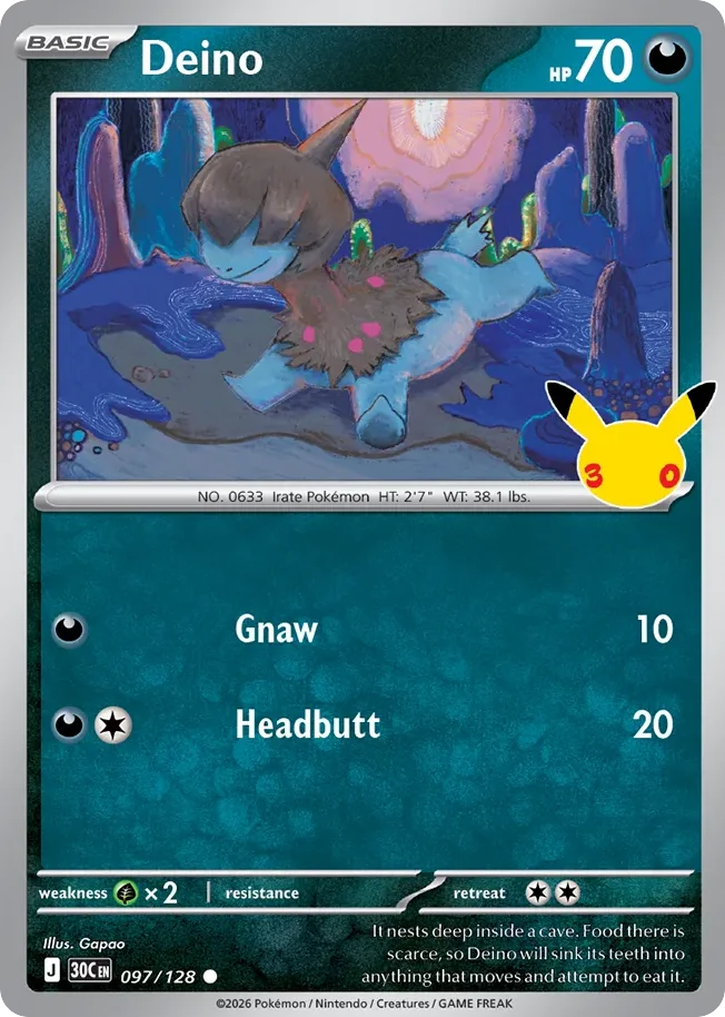 Deino Pokemon card from 30th Celebration, card number 97