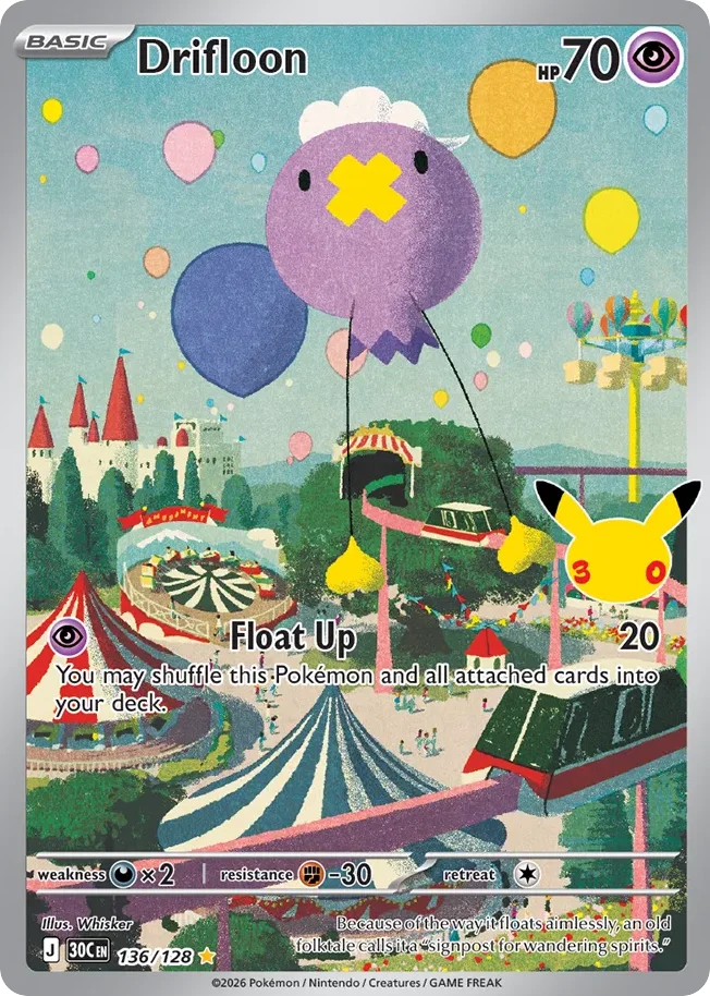 Drifloon Pokemon card from 30th Celebration, card number 136