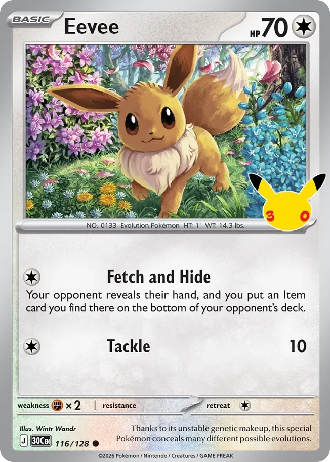 Eevee Pokemon card from 30th Celebration, card number 116