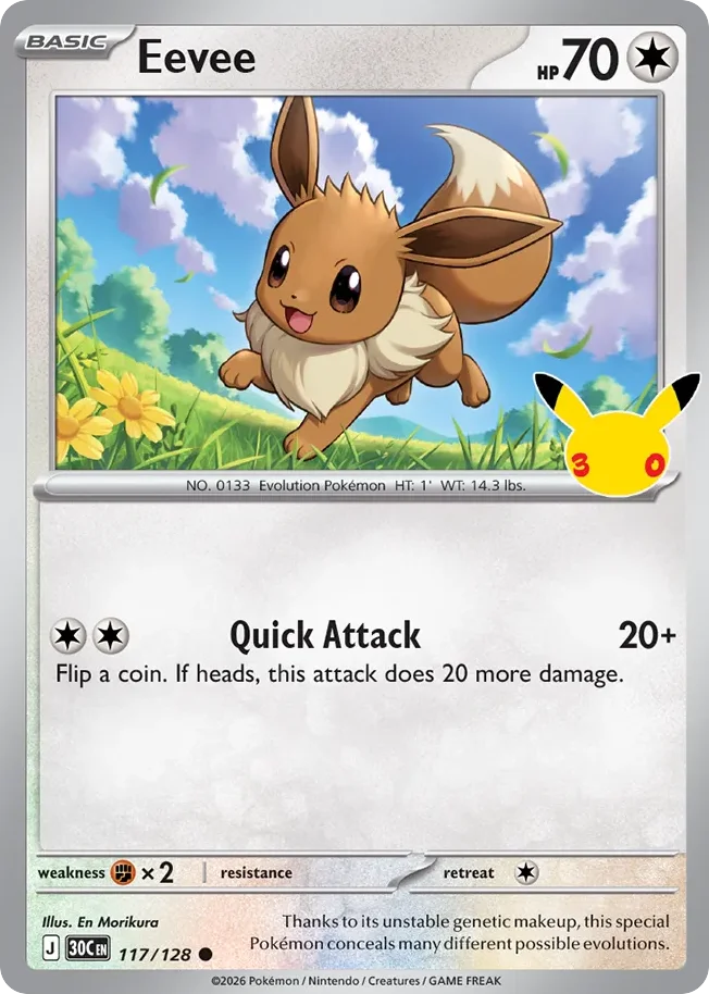Eevee Pokemon card from 30th Celebration, card number 117