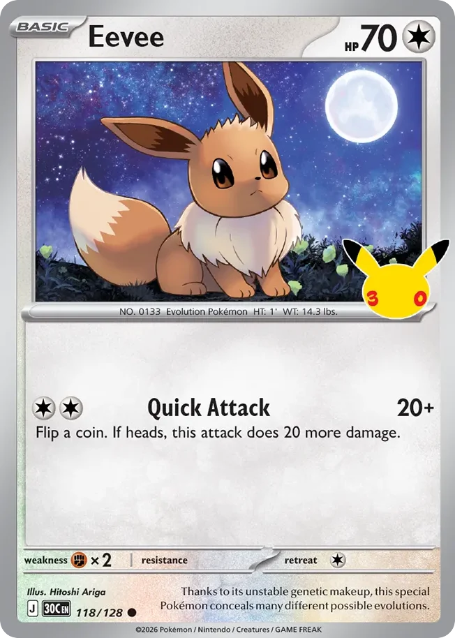Eevee Pokemon card from 30th Celebration, card number 118