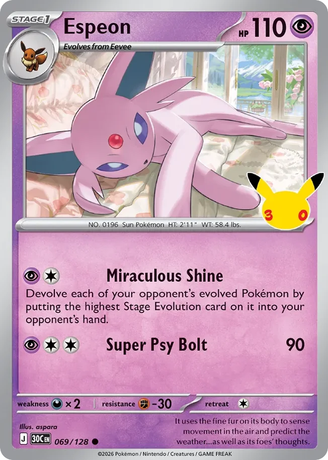 Espeon Pokemon card from 30th Celebration, card number 69