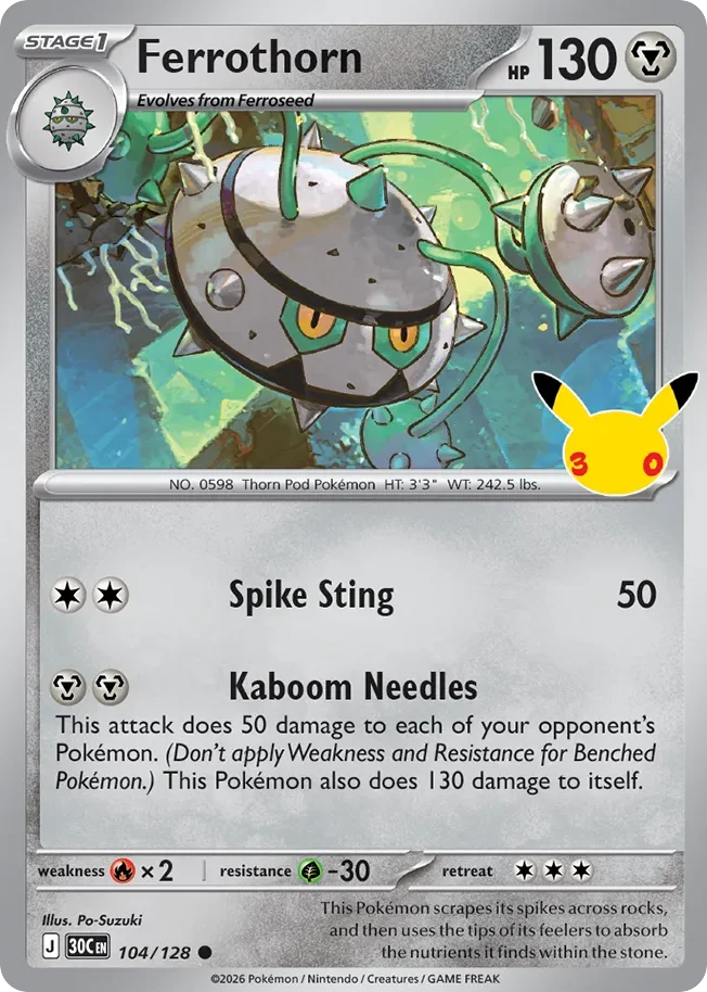 Ferrothorn Pokemon card from 30th Celebration, card number 104