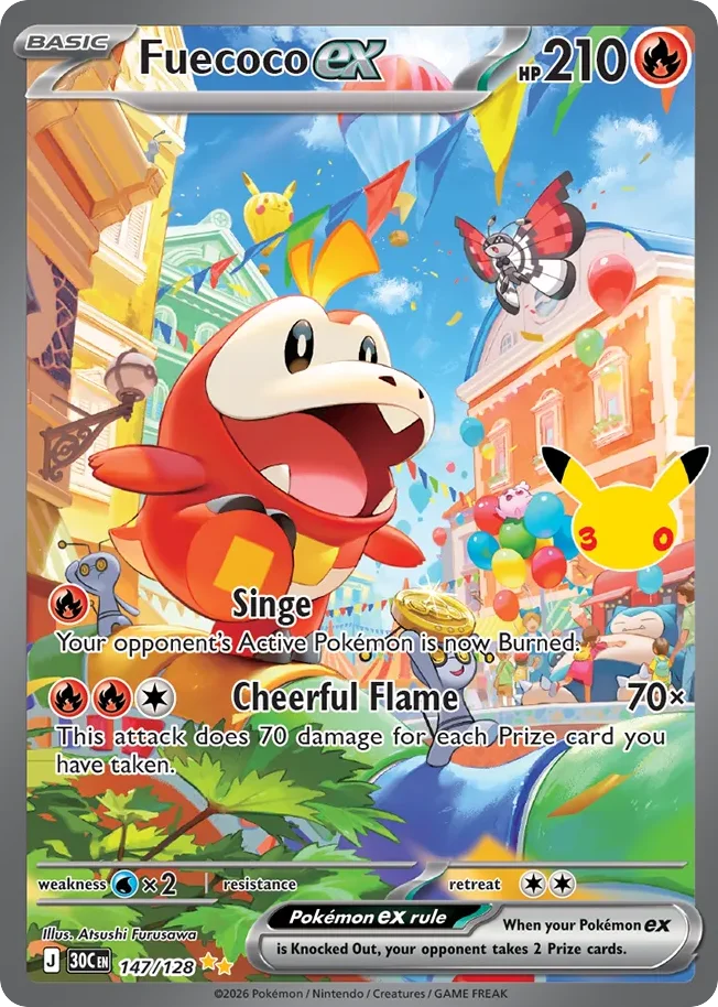 Fuecoco ex Pokemon card from 30th Celebration, card number 147