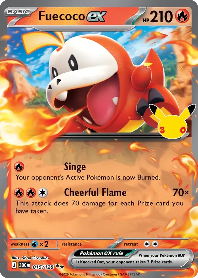Fuecoco ex Pokemon card from 30th Celebration, card number 15