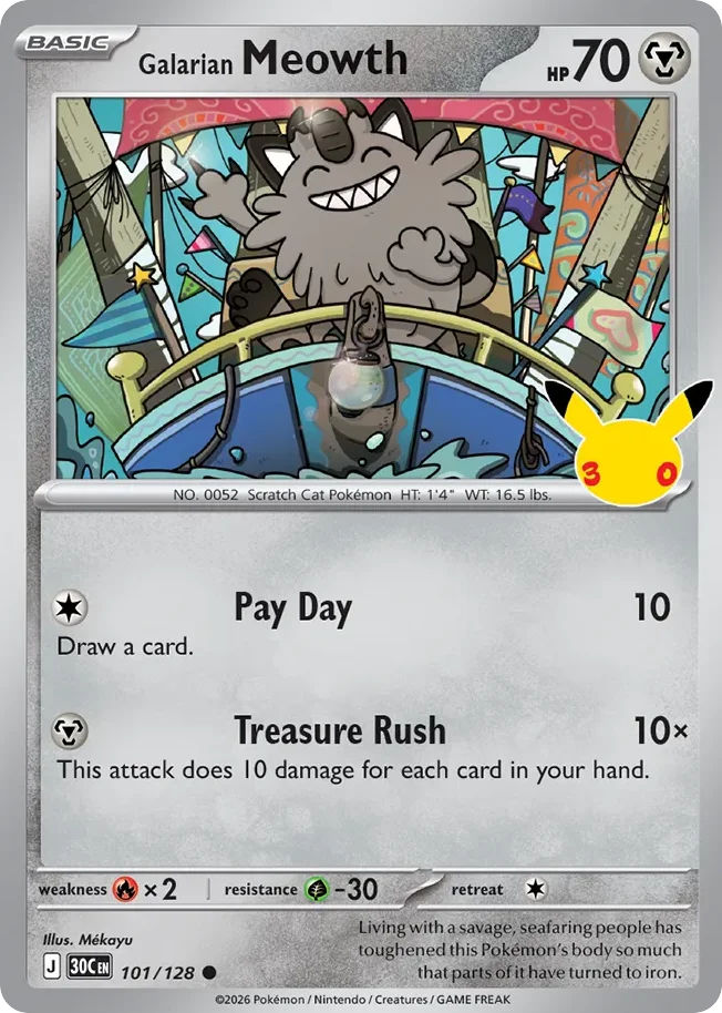 Galarian Meowth Pokemon card from 30th Celebration, card number 101