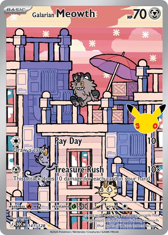 Galarian Meowth Pokemon card from 30th Celebration, card number 141
