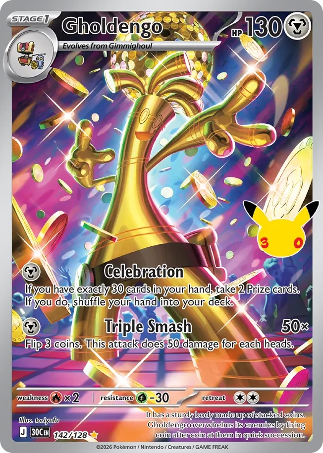 Gholdengo Pokemon card from 30th Celebration, card number 142