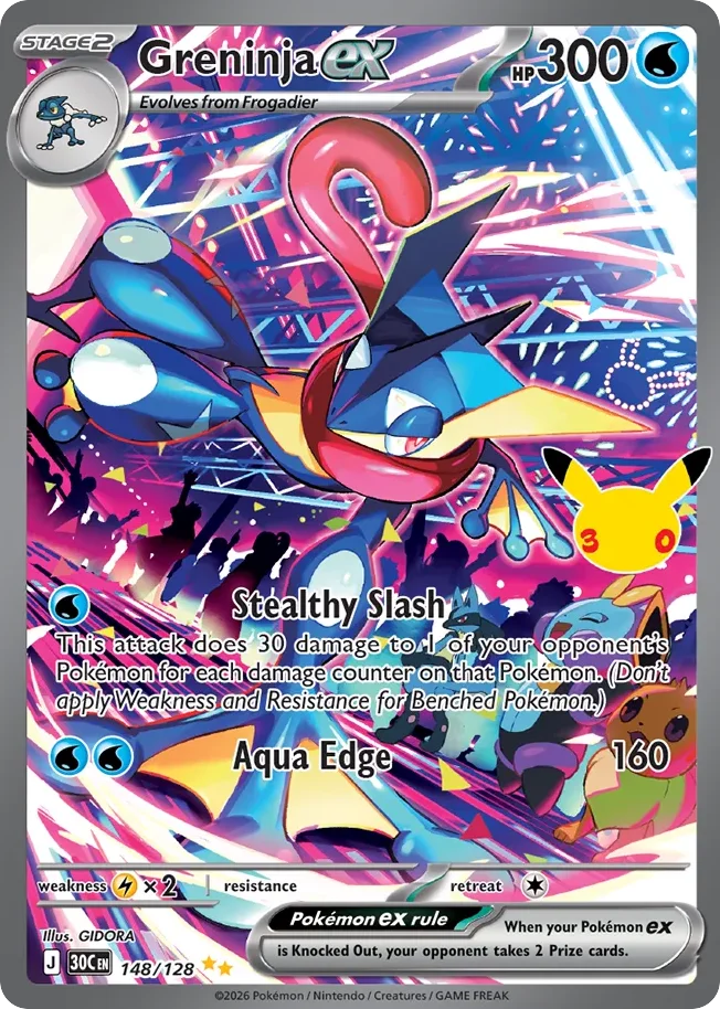 Greninja ex Pokemon card from 30th Celebration, card number 148