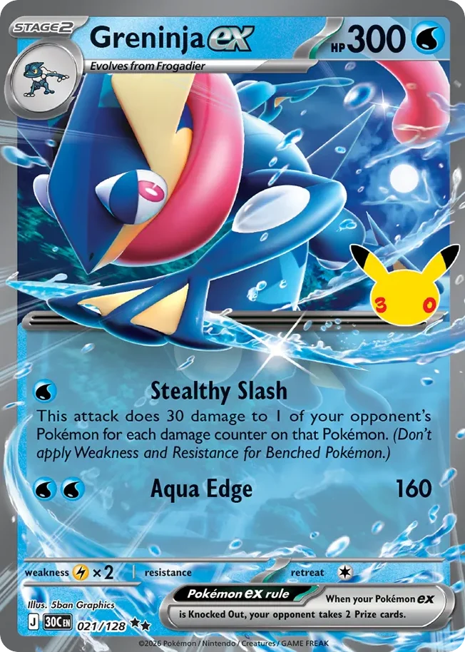 Greninja ex Pokemon card from 30th Celebration, card number 21