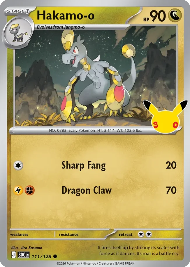 Hakamo-o Pokemon card from 30th Celebration, card number 111