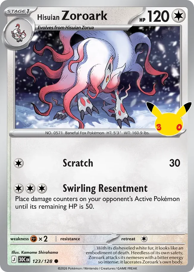 Hisuian Zoroark Pokemon card from 30th Celebration, card number 123