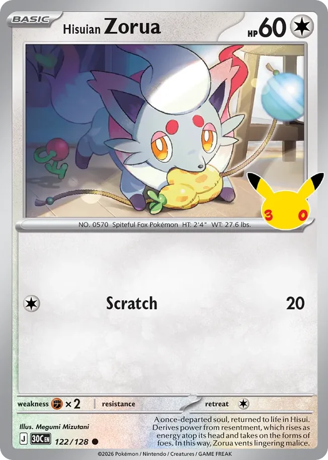 Hisuian Zorua Pokemon card from 30th Celebration, card number 122