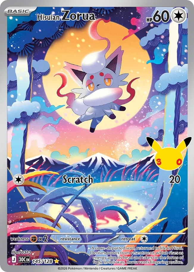 Hisuian Zorua Pokemon card from 30th Celebration, card number 145