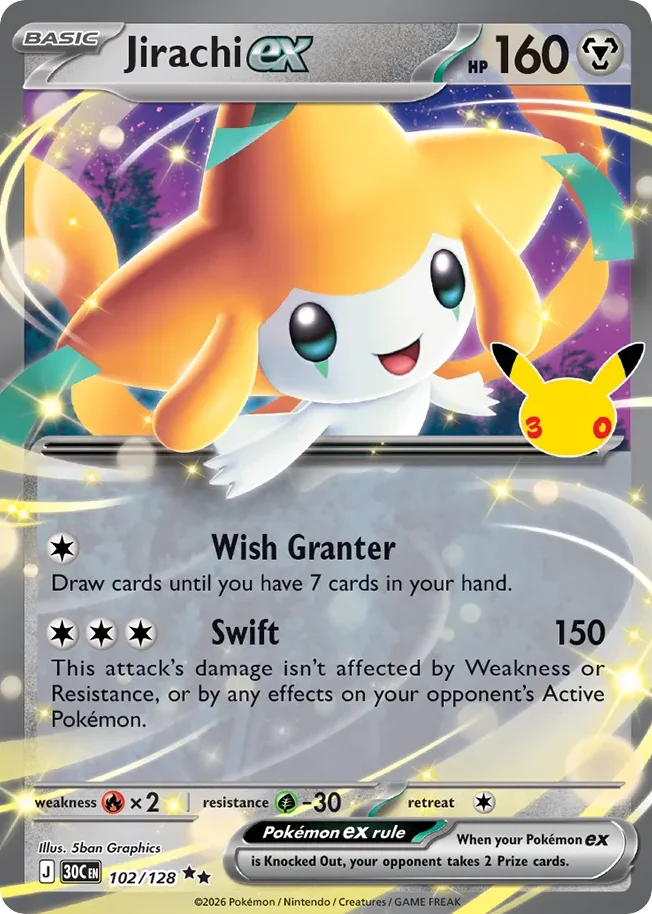 Jirachi ex Pokemon card from 30th Celebration, card number 102