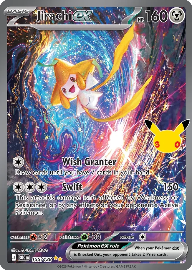 Jirachi ex Pokemon card from 30th Celebration, card number 155