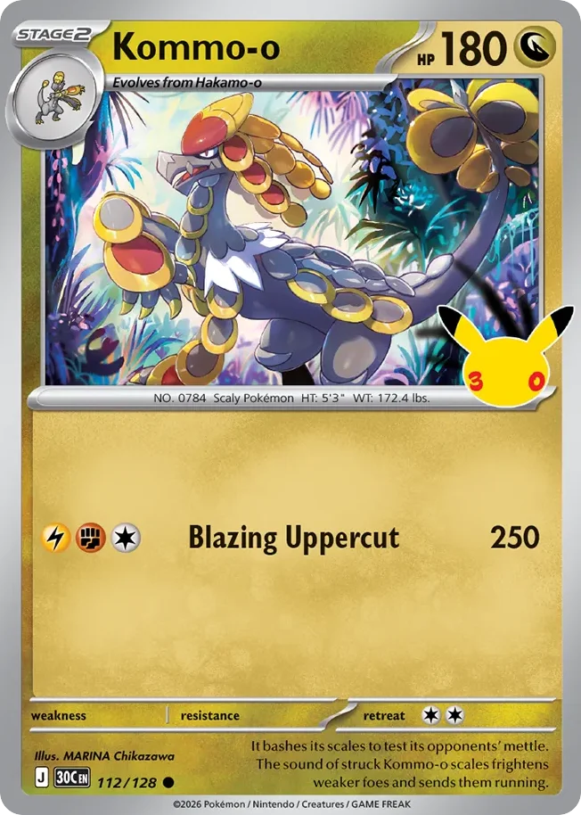 Kommo-o Pokemon card from 30th Celebration, card number 112