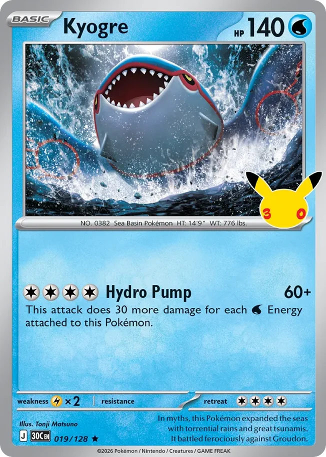 Kyogre Pokemon card from 30th Celebration, card number 19
