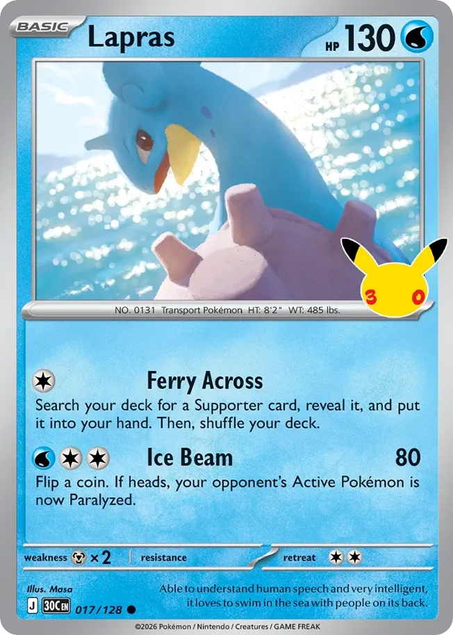 Lapras Pokemon card from 30th Celebration, card number 17