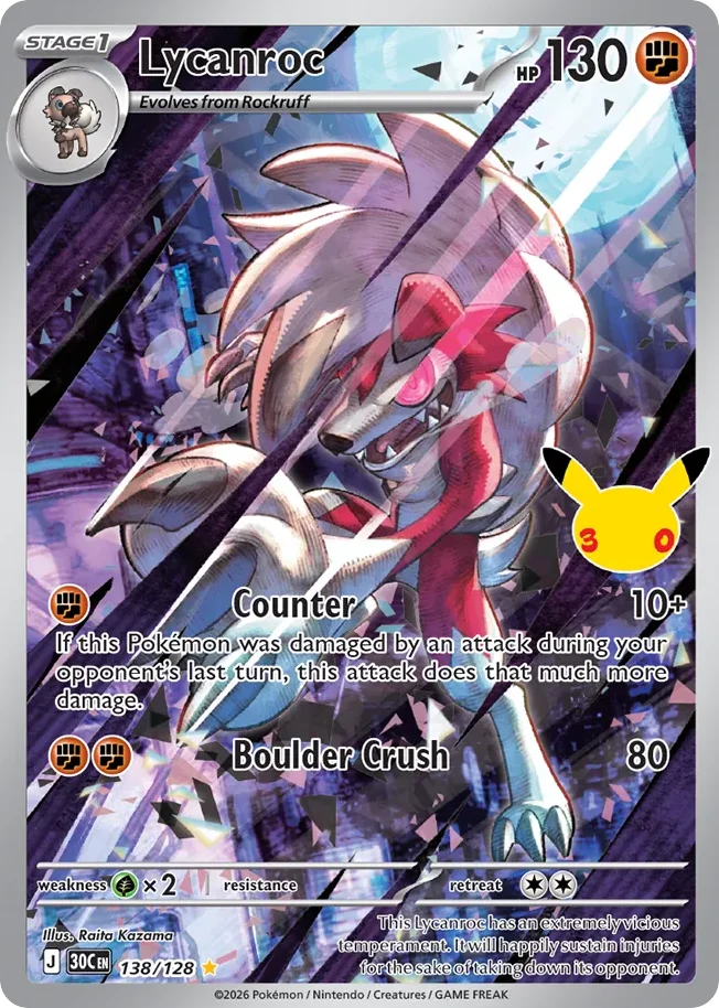 Lycanroc Pokemon card from 30th Celebration, card number 138