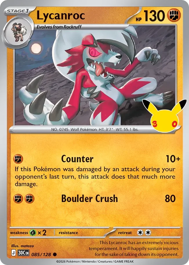 Lycanroc Pokemon card from 30th Celebration, card number 85