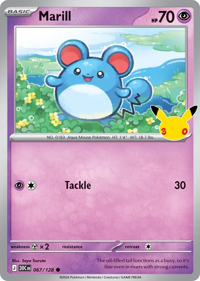 Marill Pokemon card from 30th Celebration, card number 67