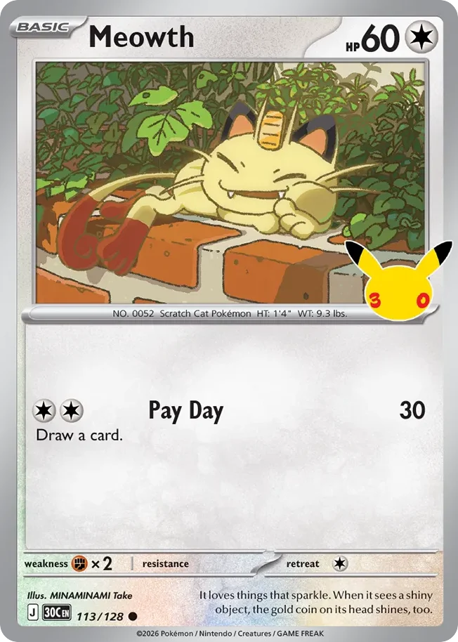 Meowth Pokemon card from 30th Celebration, card number 113