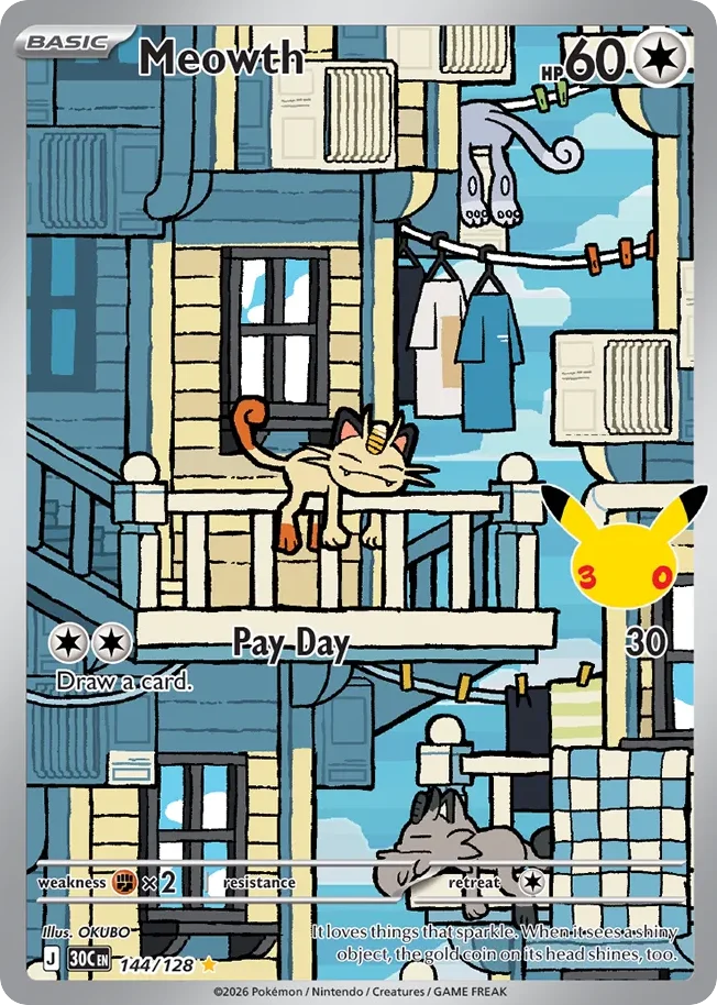 Meowth Pokemon card from 30th Celebration, card number 144