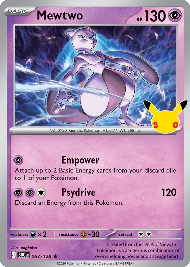 Mewtwo Pokemon card from 30th Celebration, card number 63
