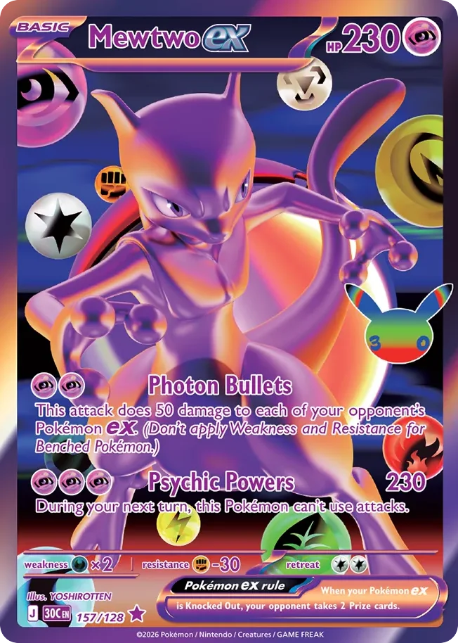 Mewtwo ex Pokemon card from 30th Celebration, card number 157