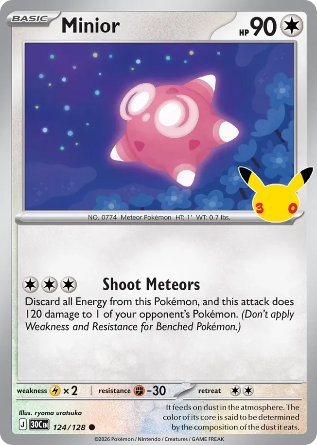 Minior Pokemon card from 30th Celebration, card number 124