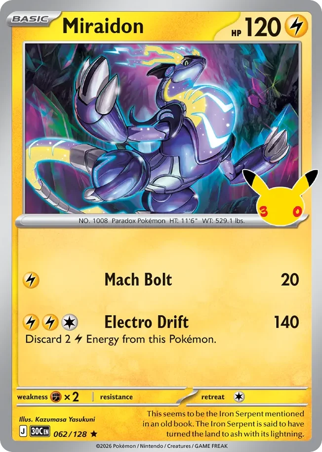 Miraidon Pokemon card from 30th Celebration, card number 62