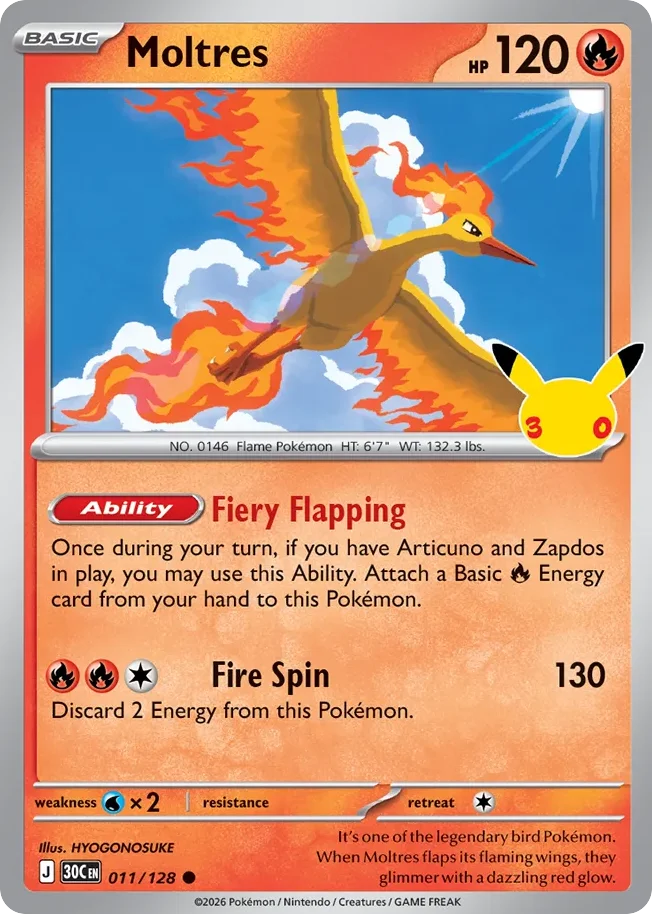 Moltres Pokemon card from 30th Celebration, card number 11