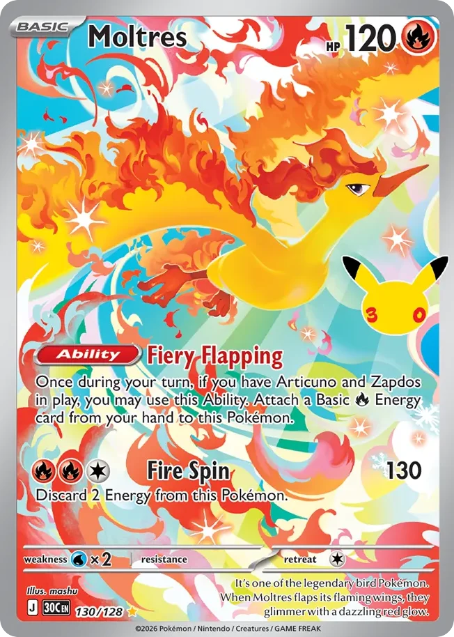 Moltres Pokemon card from 30th Celebration, card number 130