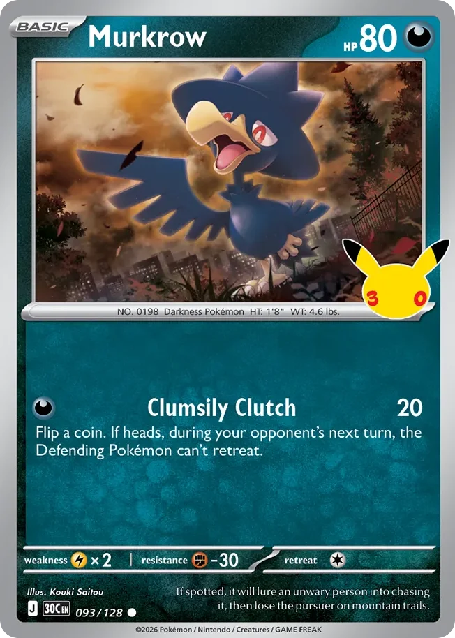 Murkrow Pokemon card from 30th Celebration, card number 93