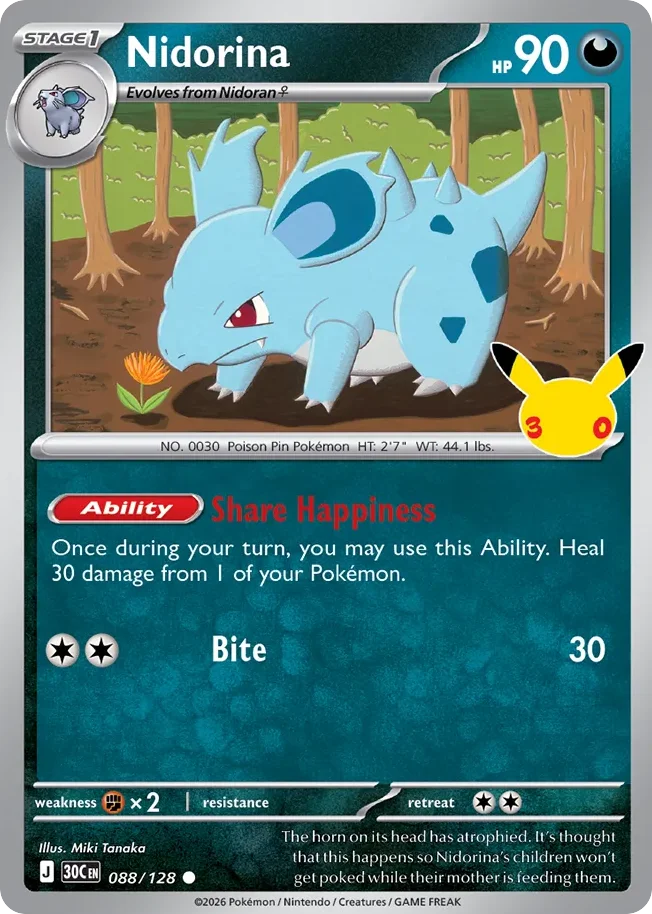 Nidorina Pokemon card from 30th Celebration, card number 88