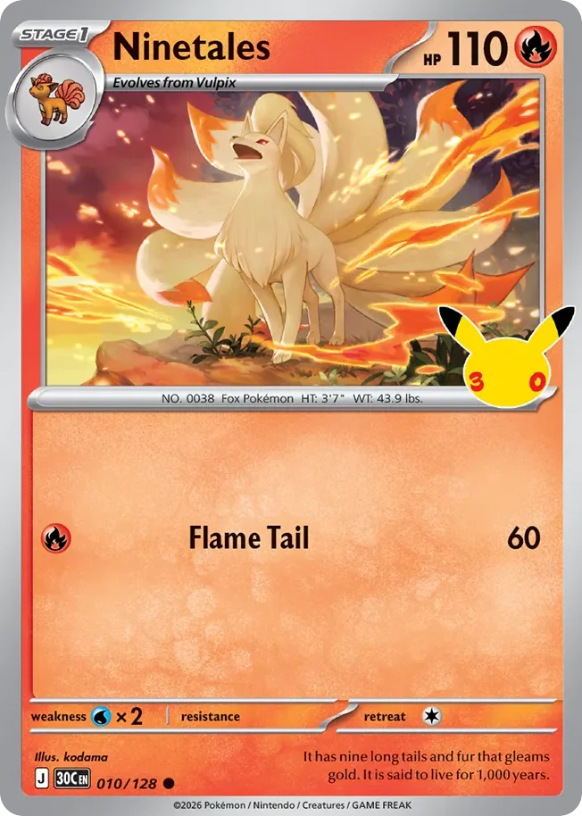 Ninetales Pokemon card from 30th Celebration, card number 10
